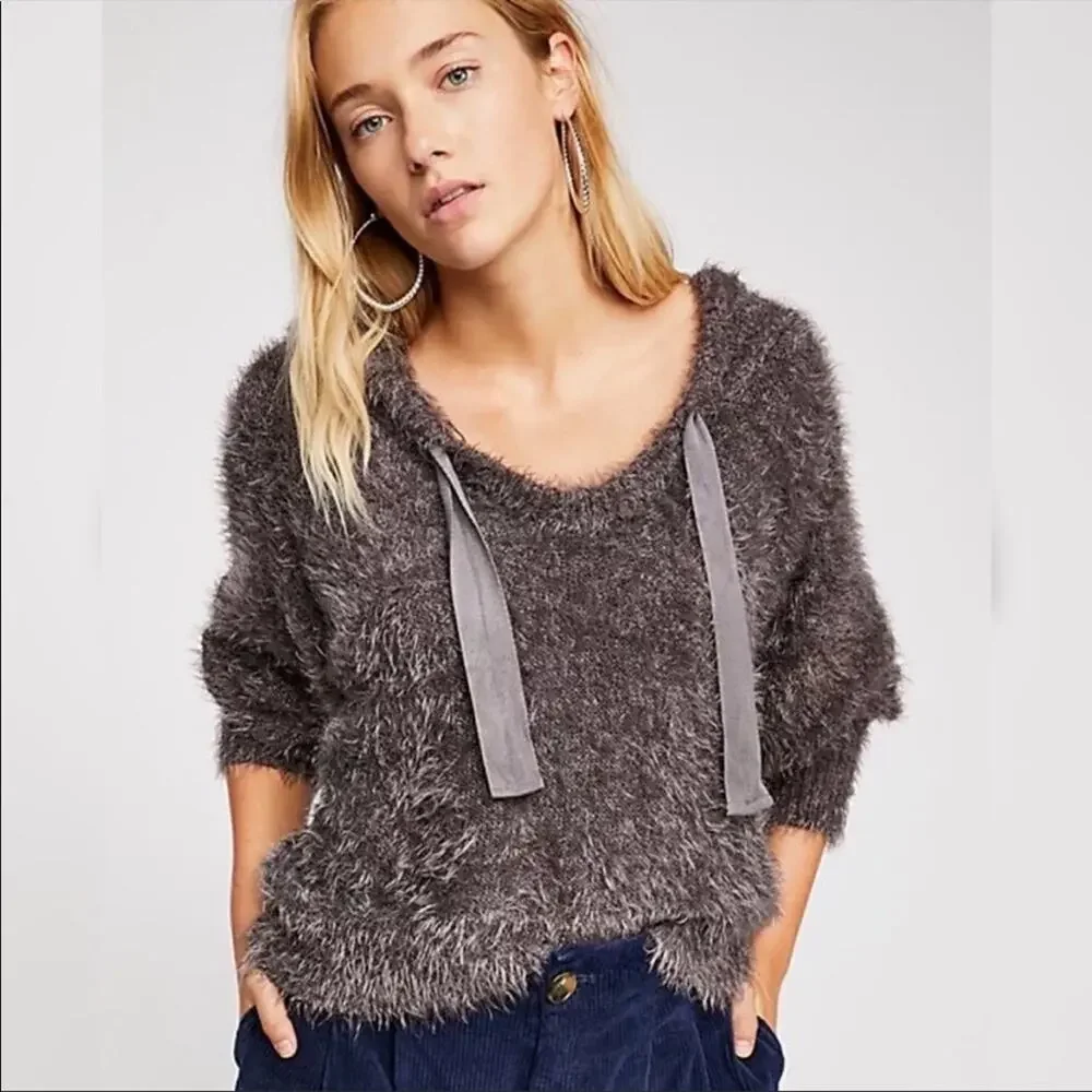 Free people light as a feather fuzzy gray hoodie soft sz XS oversized cut